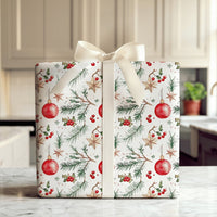 Gold Star Pine Christmas Gift Wrap, Watercolor Ornament Wrapping Paper, Festive Holly Berry Wrapping Paper, Holiday Present Wrapping Paper