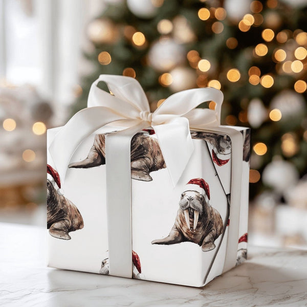 Santa Hat Animal Gift Wrap, Adorable Walrus Christmas Wrapping Paper, Watercolor Walrus Wrapping Paper Roll, Holiday Wrapping