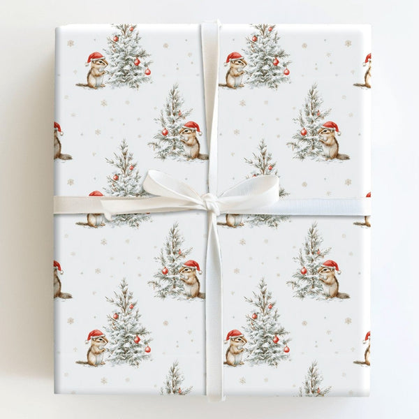 Watercolor Santa Hat Gift Wrap, Christmas Chipmunk Wrapping Paper, Adorable Woodland Animal Holiday Paper, Festive Xmas Gift 