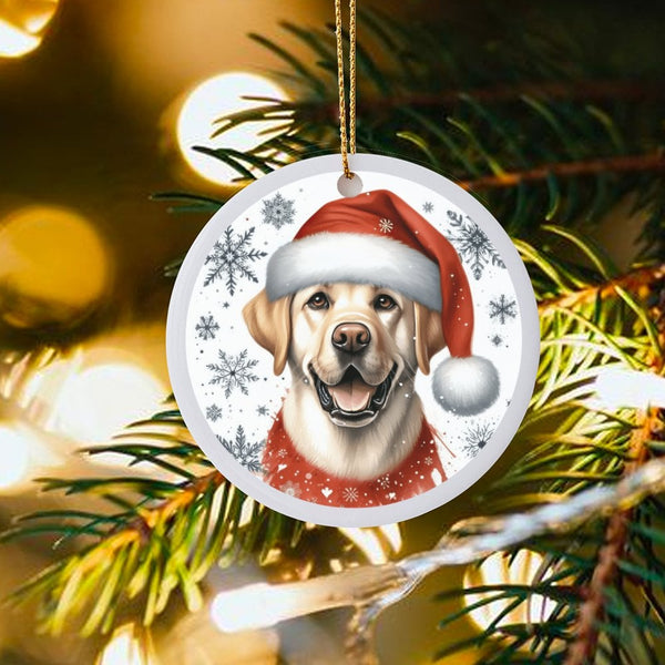 Lab in Santa Hat Ceramic Ornament, Yellow Labrador Christmas Ornament, Snowflake Dog Tree Decor, Holiday Keepsake Present for