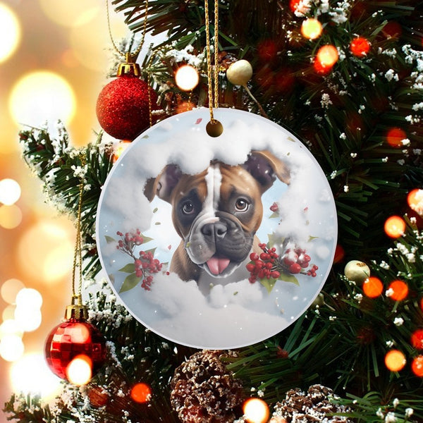 Adorable Puppy in Snow Ornament, Boxer Dog Christmas Ornament, Ceramic Boxer Tree Ornament, Winter Dog Lover Keepsake, Holida