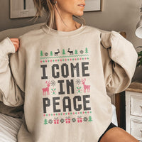 Humorous Alien Xmas Sweater, I Come in Peace Ugly Christmas Sweatshirt, Retro Sci Fi Holiday Pullover, Humorous Christmas Alien Crewneck Present