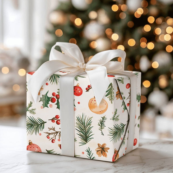Holly Pine Holiday Gift Wrap, Watercolor Ornaments Christmas Wrapping Paper, Festive Xmas Wrapping Paper, Seasonal Present Gi