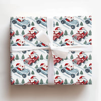 Retro Car Christmas Gift Wrap, Santa Vintage Race Car Wrapping Paper, Watercolor Auto Holiday Present Paper, Festive Xmas Gift Wrap