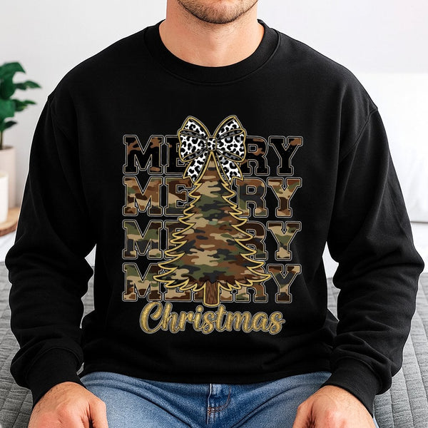 Leopard Bow Holiday Sweater, Camo Christmas Tree Sweatshirt, Rustic Country Xmas Crewneck, Winter Graphic Pullover, Christmas
