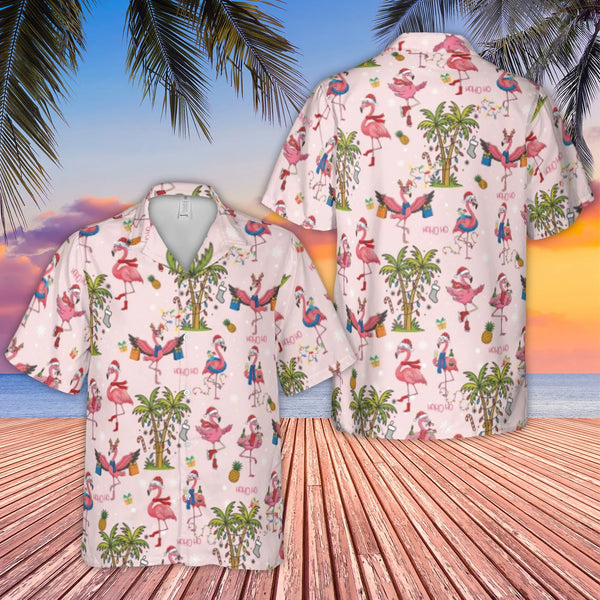 Palm Tree Flamingo Hawaiian Shirt, Christmas Flamingo Hawaiian Shirt, Festive Holiday Island Shirt, Tropical Xmas Shirt, Beac