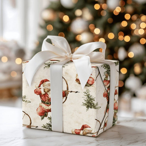 Watercolor Bow and Arrow Santa Gift Wrap, Santa Archer Wrapping Paper, Hunter Santa Christmas Wrapping Paper, Archery Holiday