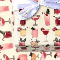 Holiday Drink Pattern Gift Wrap, Christmas Cocktail Wrapping Paper, Illustrated Seasonal Drinks Wrapping Paper, Cream Festive Gift Wrap