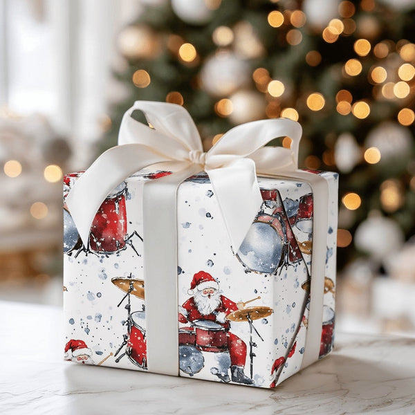 Watercolor Drummer Gift Wrap, Drumming Santa Christmas Wrapping Paper, Rock and Roll Santa Wrapping Paper, Music Lover Holida