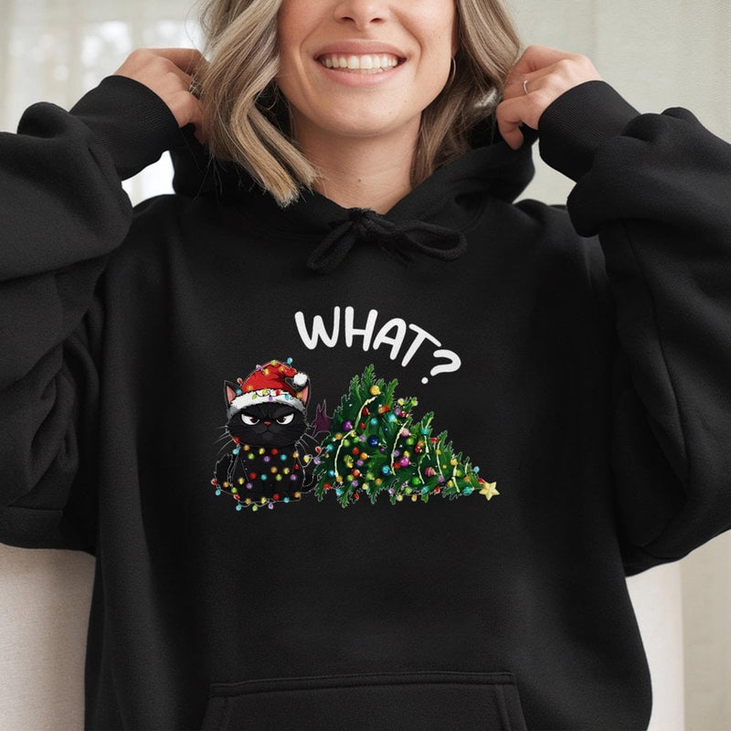 Humorous Cat with Holiday Lights Hoodie, Grumpy Black Cat Christmas Hoodie, Sarcastic Christmas Cat Mom Pullover, Adorable Xmas Sweatshirt
