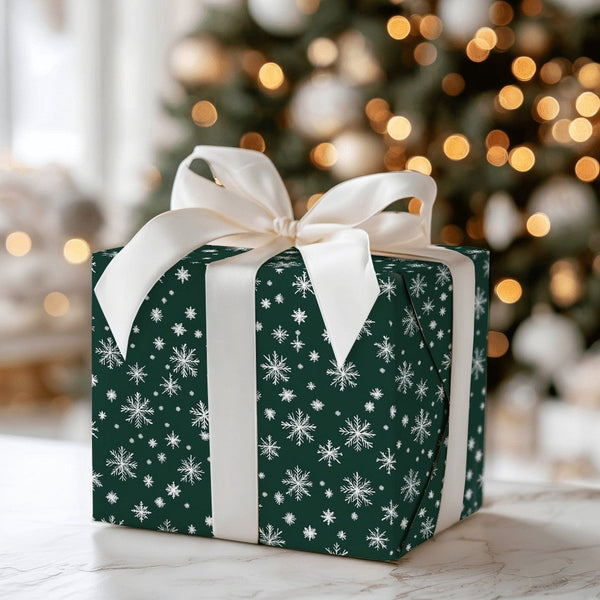 Dark Green Holiday Gift Wrap, White Snowflake Christmas Wrapping Paper, Winter Snowflakes Wrapping Paper, Classic Xmas Gift W