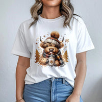 Adorable Winter Scarf Cocoa Graphic Tee, Highland Cow Christmas T-Shirt, Festive Scottish Cow Shirt, Holiday Animal Lover T-Shirt, Xmas Present