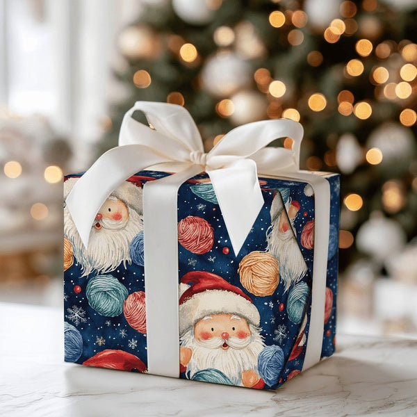 Starry Yarn Santa Claus Wrapping Paper, Knitting Santa Wrapping Paper, Navy Blue Christmas Wrapping Paper, Crafter Holiday Gi