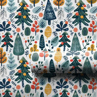 Modern Christmas Tree Gift Wrap, Folk Art Winter Forest Wrapping Paper, Colorful Holiday Present Paper, Illustrated Botanical Gift Wrap Roll