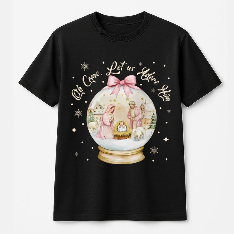 Nativity Christmas T-Shirt, Oh Come Let Us Adore Him Shirt, Snow Globe Christian Graphic Tee, Religious Holiday Shirt, Faith Xmas Tee
