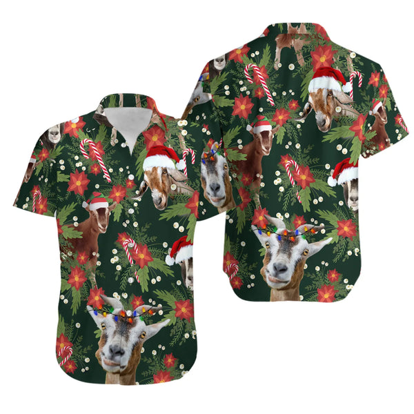 Festive Poinsettia Goat Hawaiian Shirt, Christmas Goat Hawaiian Shirt, Holiday Farm Animal Aloha Shirt, Winter Tropical Beach