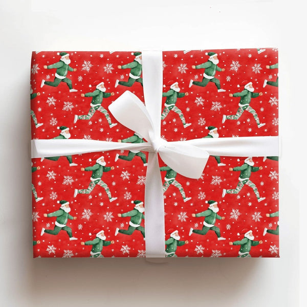 Camo Tracksuit Santa Claus Gift Wrap, Running Santa Wrapping Paper, Humorous Fitness Santa Holiday Paper, Christmas Gift Wrap