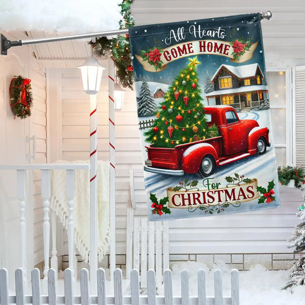 All Hearts Come Home for Christmas Yard Flag, Christmas Red Truck Garden Flag, Vintage Red Truck Holiday Garden Flag, Winter 