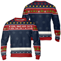 Adorable Knit Style Cat Mom Sweater, A Girl and Her Cats Ugly Christmas Sweater, Humorous Holiday Crewneck Sweatshirt, Pet Lover Winter Present
