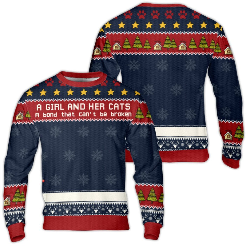 Adorable Knit Style Cat Mom Sweater, A Girl and Her Cats Ugly Christmas Sweater, Humorous Holiday Crewneck Sweatshirt, Pet Lover Winter Present