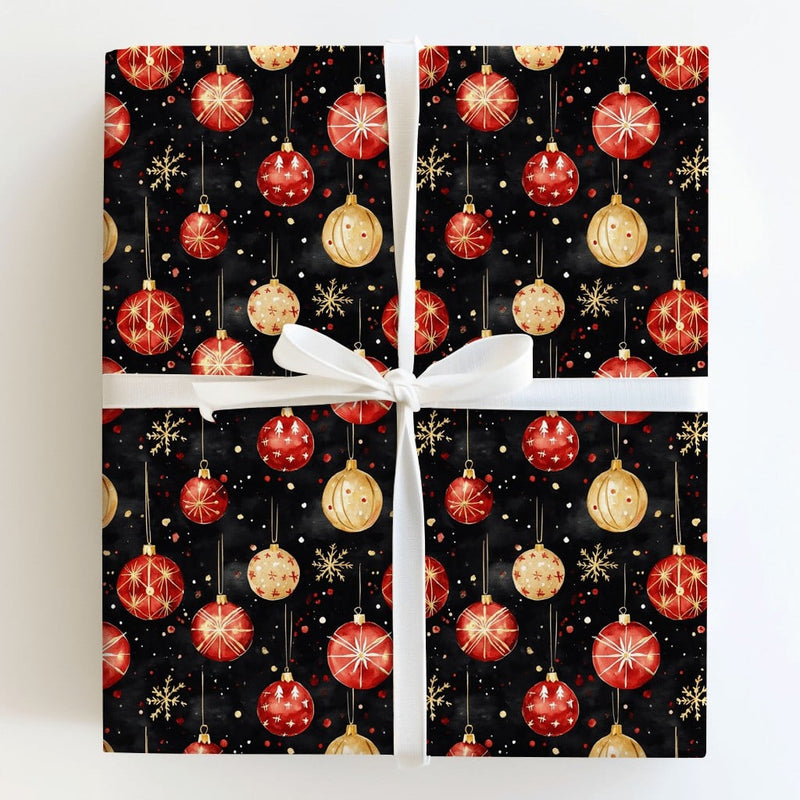 Red Gold Holiday Gift Wrap, Watercolor Christmas Ornament Wrapping Paper, Traditional Xmas Wrapping Paper, Holiday Supply