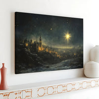 Ancient Snowy City Night Painting, Star of Bethlehem Canvas Wall Art, Christian Nativity Canvas Decor, Religious Christmas Holiday Present