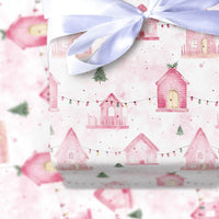 Pastel Holiday House Gift Wrap, Pink Christmas Village Wrapping Paper, Whimsical Winter Wrapping Paper, Festive Pink Xmas Gift Wrap Roll