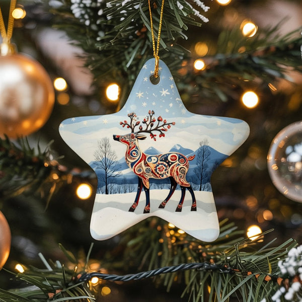 Winter Wonderland Deer Star Ornament, Folk Art Reindeer Star Ornament, Rustic Holiday Ceramic Ornament, Christmas Tree Star D