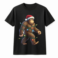 Humorous Sasquatch Santa Hat Shirt, Bigfoot Christmas T-Shirt, Retro Bigfoot Holiday Lights Tee, Adorable Bigfoot Xmas Shirt, Sasquatch Present Tee