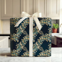 Elegant Gold Green Gift Wrap Roll, Botanical Wreath Christmas Wrapping Paper, Winter Holiday Present Paper, Dark Floral Gift Wrap