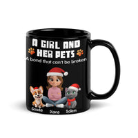 Custom Girl Dog Cat Holiday Mug, Personalized Pet Mom Christmas Mug, Winter Illustration Ceramic Cup, Adorable Present for Pet Lovers