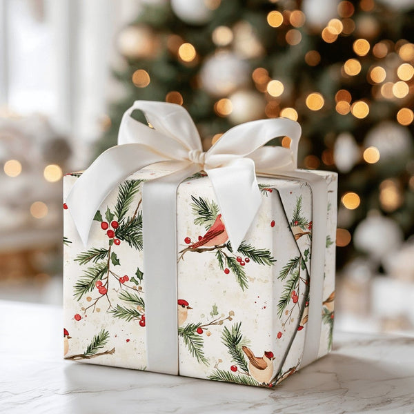 Watercolor Santa Hat Bird Holiday Gift Wrap, Winter Birds Christmas Wrapping Paper, Pine and Holly Wrapping Paper, Festive Ho
