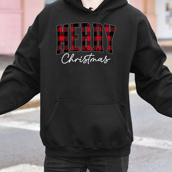 Buffalo Plaid Red Text Graphic Hooded Sweatshirt, Merry Christmas Hoodie, Comfy Holiday Winter Pullover, Festive Xmas Present