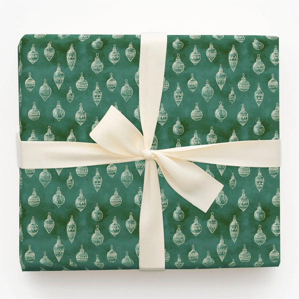 Dark Green Holiday Gift Wrap, Vintage Sketch Ornaments Wrapping Paper, Rustic Christmas Tree Bauble Wrapping Paper, Farmhouse