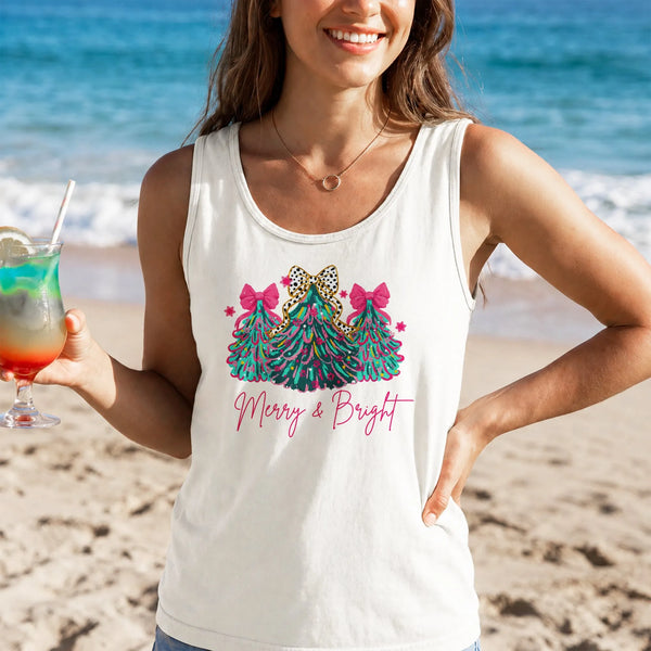 Retro Colorful Xmas Tree Tank, Merry and Bright Christmas Tree Tank Top, Pink Bow Holiday Sleeveless Tee, Christmas Beach Tan