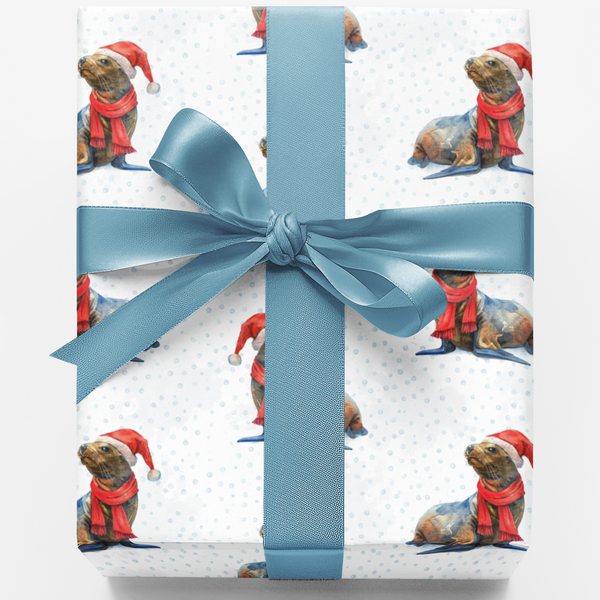 Watercolor Sea Lion Gift Wrap, Christmas Seal Wrapping Paper, Adorable Winter Animal Present Wrap, Holiday Ocean Lover Gift W