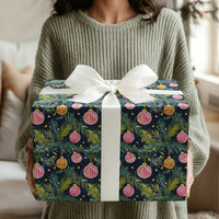 Pink Orange Ornament Gift Wrap, Watercolor Christmas Wrapping Paper, Pine Branch Holiday Wrapping Paper, Artistic Christmas Gift Wrap Roll