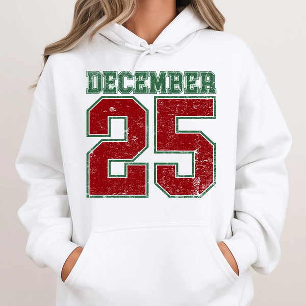 Retro Christmas Date Varsity Sweatshirt, December 25 Hoodie, Vintage Xmas Holiday Hooded Pullover, Christmas Season Casual Ho