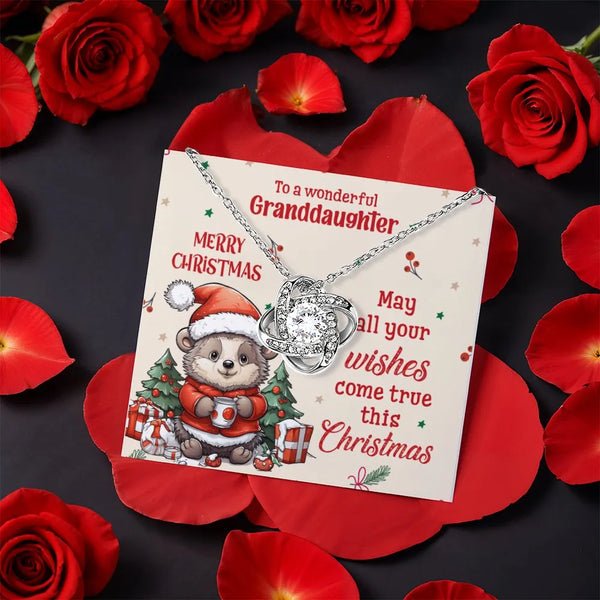 CZ Crystal Love Knot Necklace, Granddaughter Hedgehog Love Knot Necklace, Christmas Knot Pendant, Holiday Present for Grandda
