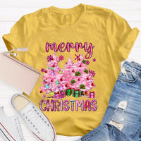 Festive Holiday Graphic T-Shirt, Pink Tree Christmas Teacher Shirt, Adorable Teacher Christmas Tee, Winter School Vacation Teacher Present