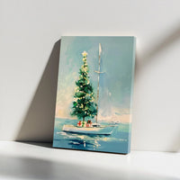 Nautical Holiday Canvas Print, Coastal Christmas Tree Sailboat Canvas Wall Art, Beach House Winter Decor, Coastal Christmas Canvas Painting