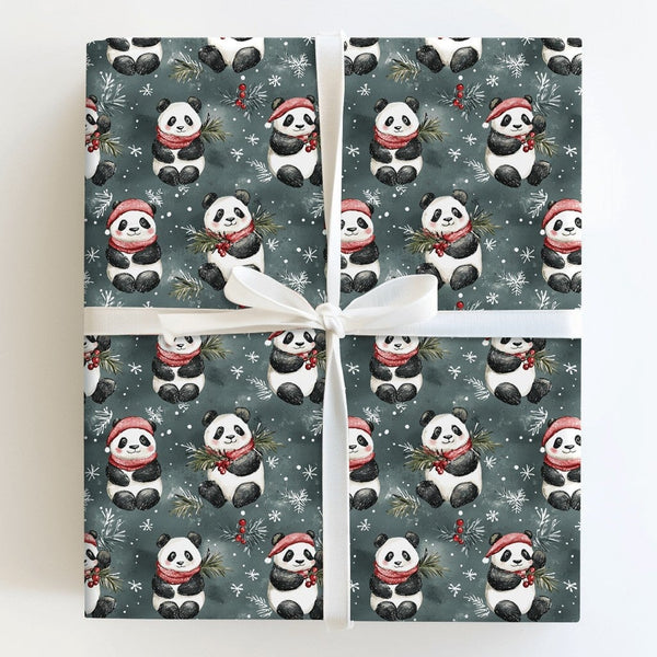 Santa Hat Teal Gift Wrap, Watercolor Panda Christmas Wrapping Paper, Adorable Winter Panda Wrapping Paper, Holiday Animal Pre