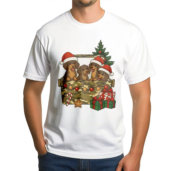 Wiener Dog Puppies Camo Box Shirt, Dachshund Christmas T-Shirt, Adorable Dog Lover Holiday Tee, Winter Puppy Graphic T-Shirt