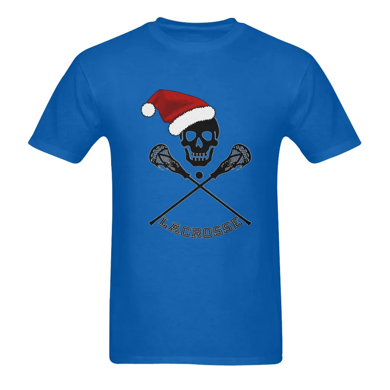 Double Sided Holiday Sports Tee, Lacrosse Skull Santa Hat Christmas T-Shirt, Lax Player Xmas Shirt, Mens Winter Sports T-Shirt