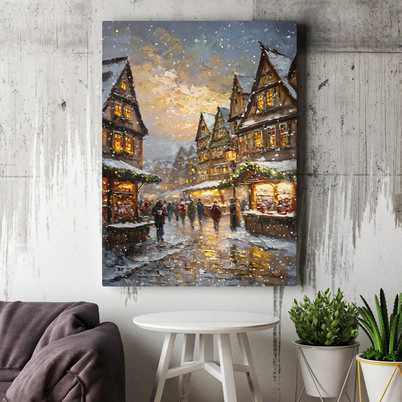 European Winter Village Canvas, Snowy Christmas Market Canvas Print, Holiday Street Oil Painting Wall Art, Festive Christmas Canvas Decor