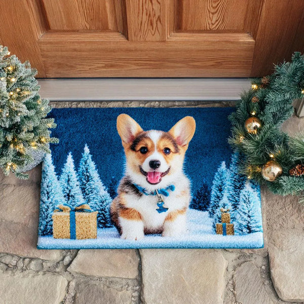 Adorable Winter Dog Welcome Mat, Frost Corgi Doormat, Festive Holiday Entrance Mat, Corgi Lover Floor Mat, Christmas Front Po