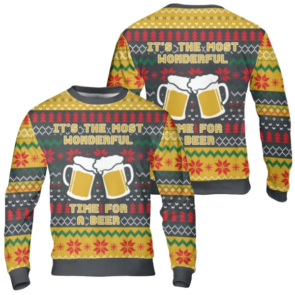 Humorous Beer Lover Christmas Sweatshirt, Wonderful Time for a Beer Sweatshirt, Ugly Christmas Party Sweatshirt, Holiday Drin