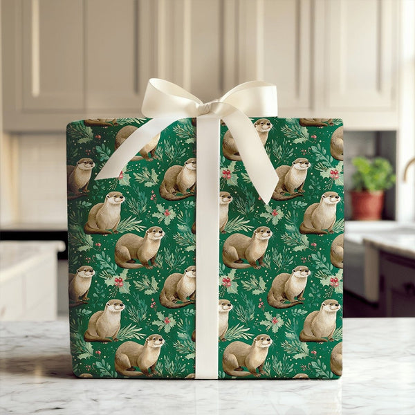 Dark Green Woodland Animal Wrapping Paper, Otter Christmas Holly Wrapping Paper, Adorable Otter Holiday Wrapping Paper, Natur
