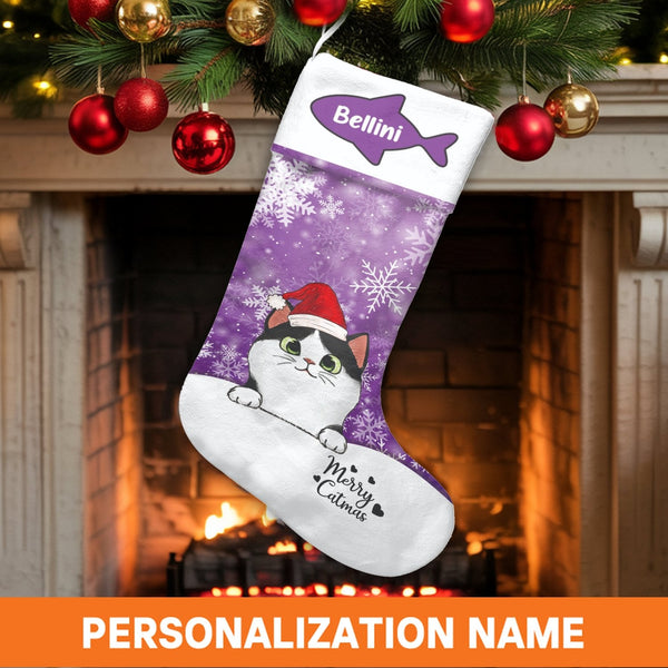 Adorable Kitten Christmas Stocking, Personalized Cat Santa Hat Christmas Stocking, Custom Pet Holiday Stocking, Cat Lover Hol