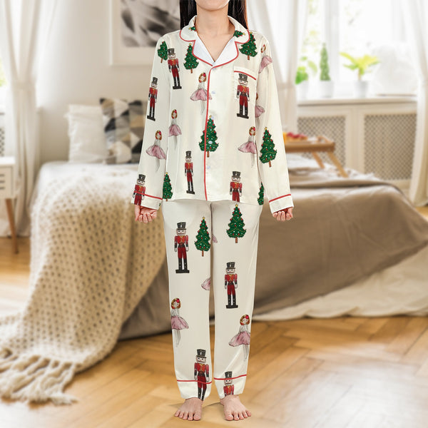 Ballerina Tree Pajama Set, Nutcracker Christmas Satin Pajamas, Holiday Button-Up Sleepwear, Festive Winter Loungewear, Xmas P